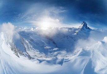 Fototapeta premium Majestic snow-covered mountain peak under a bright blue sky with fluffy white clouds and sunlight illuminating the serene winter landscape