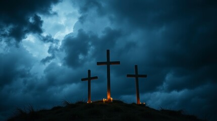 Fototapeta premium Three Crosses Silhouette Under Dramatic Sky