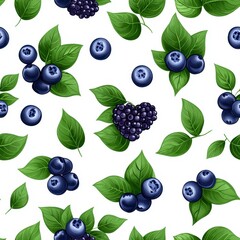 Vibrant Blueberry and Blackberry Seamless Pattern with Green Leaves