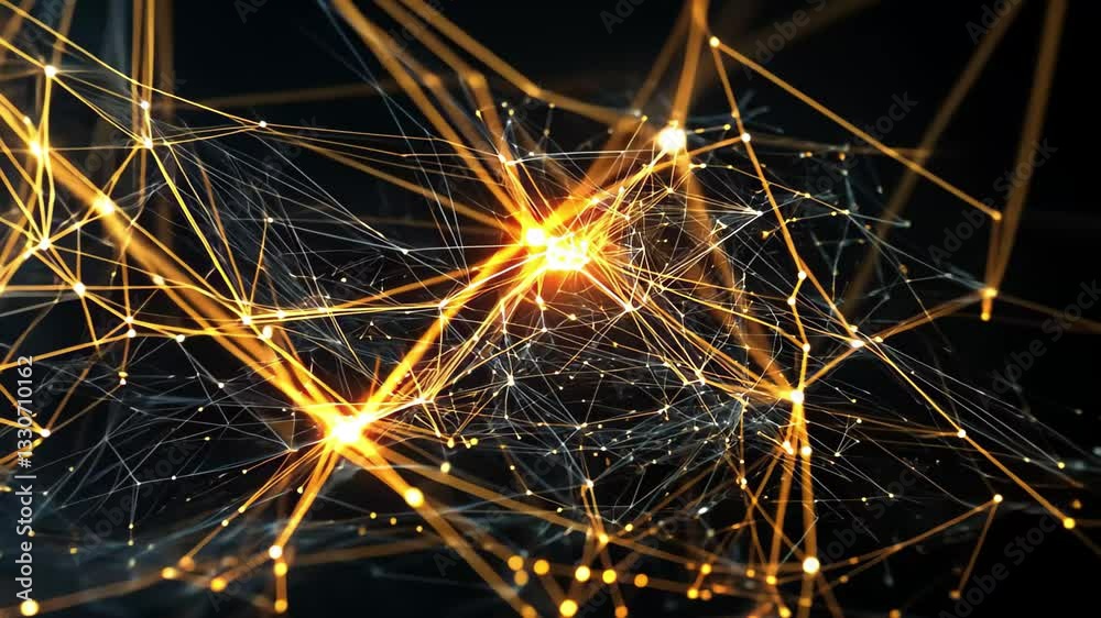 Poster data visualization depicting network connections on a dark background with glowing elements, data pr