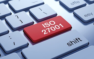 Close-Up of Computer Keyboard Featuring Bold Red "ISO 27001" Key