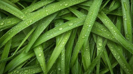 Dewdrops glisten on vibrant green blades of grass