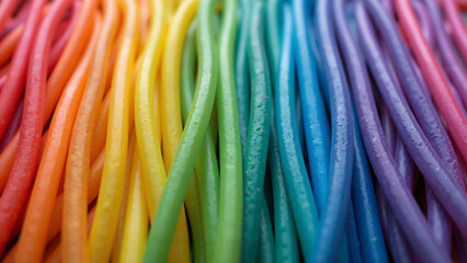 Close-up View Of Vibrant Rainbow Colored Cables Arranged in Spectrum Display - Generative AI