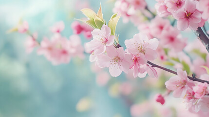 Obraz premium Soft pink blossoms adorning flowering cherry branch, symbolizing spring renewal and delicate natural beauty