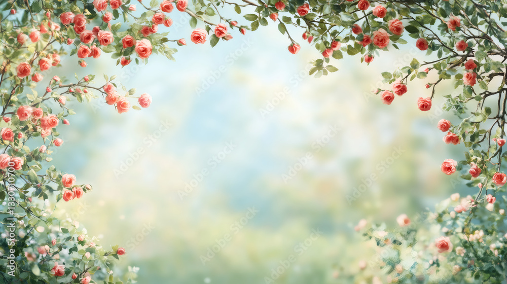 Aufkleber branches with pink roses framing a blurred natural background with bokeh, ideal for romantic and spr