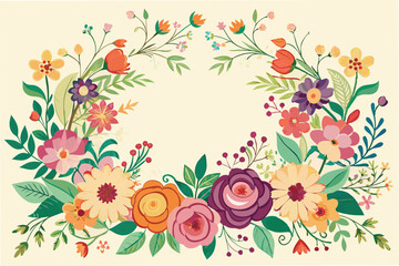 Colorful floral illustration showcasing a diverse arrangement of flowers and leaves in a delicate vintage style