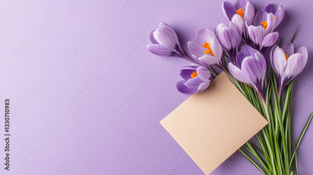 Aufkleber beautiful violet crocuses and blank greeting card lying on violet background composing a spring mess