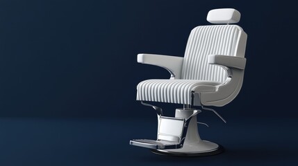 A clean white leather barber chair against a solid dark blue background