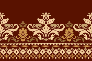 Damask floral pattern border. Motifs Ikat floral ethnic oriental pattern traditional.Aztec style abstract vector illustration.design for texture, fabric, scarf,background,carpet,rug