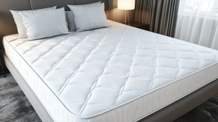 A comfortable orthopedic white mattress with breathable fabric, set in a modern bedroom