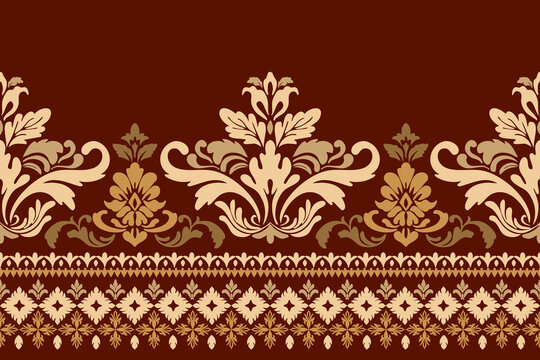 Damask floral pattern border. Motifs Ikat floral ethnic oriental pattern traditional.Aztec style abstract vector illustration.design for texture, fabric, scarf,background,carpet,rug