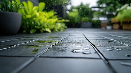 Rain-soaked patio tiles, lush greenery backdrop