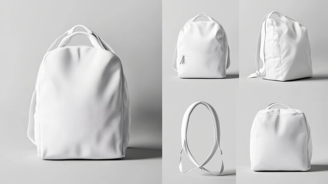 Minimalist blank white backpack mockup featuring zipper and adjustable strap in multiple angles for product design, branding, and e-commerce display
