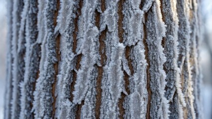 Obraz premium a detailed close-up of a tree trunk covered in frost, showcasing texture and winter season