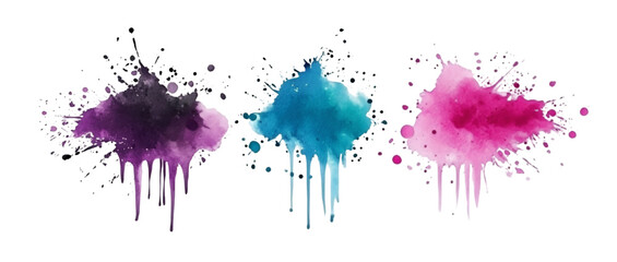 Fototapeta premium Abstract watercolor paint splatters purple blue pink art design, isolated on transparent background