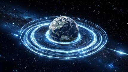 Stunning Earth Surrounded by Glowing Rings in Dark Space Environment