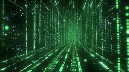 Futuristic Digital Tunnel of Glowing Green Data Streams