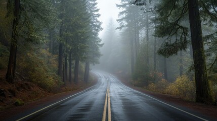 Fototapeta premium A foggy forest road with towering evergreens on both sides, creating a mysterious atmosphere
