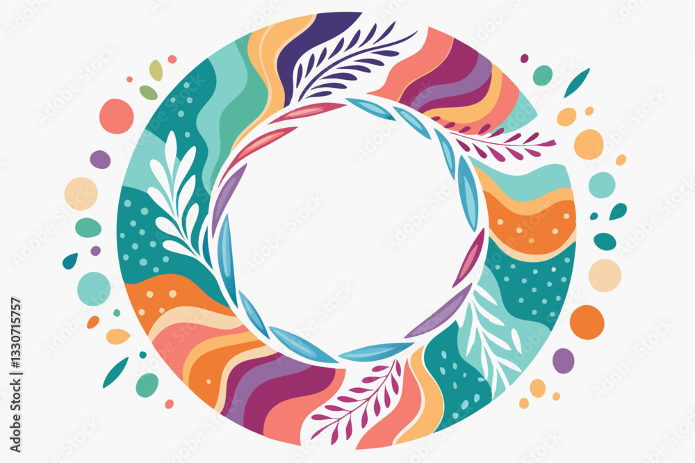 Poster Colorful vector illustration of abstract floral and wavy patterns forming a circular frame for creative projects and designs