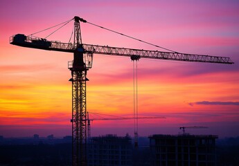 Majestic sunset view of a construction crane silhouette against a vibrant sky filled with colors showcasing the beauty of urban development and industry