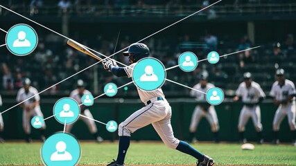 Baseball players engage in advanced analytics while practicing on the field during daytime, Baseball players on field with scientific data processing over them - Powered by Adobe