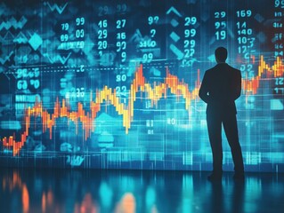 A stock market graph with arrows pointing down, representing declining graphs, and an executive standing in front of the wall watching it Generative AI