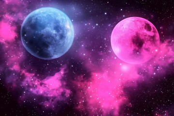 Obraz premium Mystical celestial landscape featuring two planets amidst a vibrant nebula glow