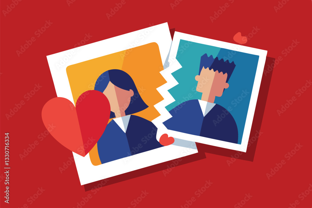Aufkleber heartbreak illustrated in a vector graphic showing a couple separated by a torn photo, symbolizing t