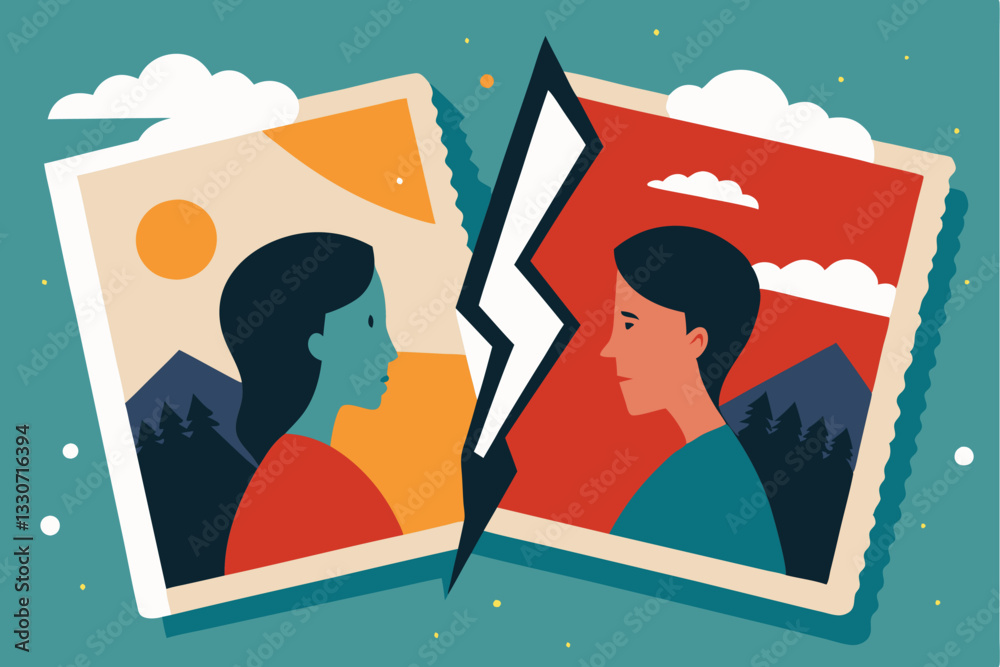 Poster heartbreak illustrated in a vector graphic showing a couple separated by a torn photo, symbolizing t