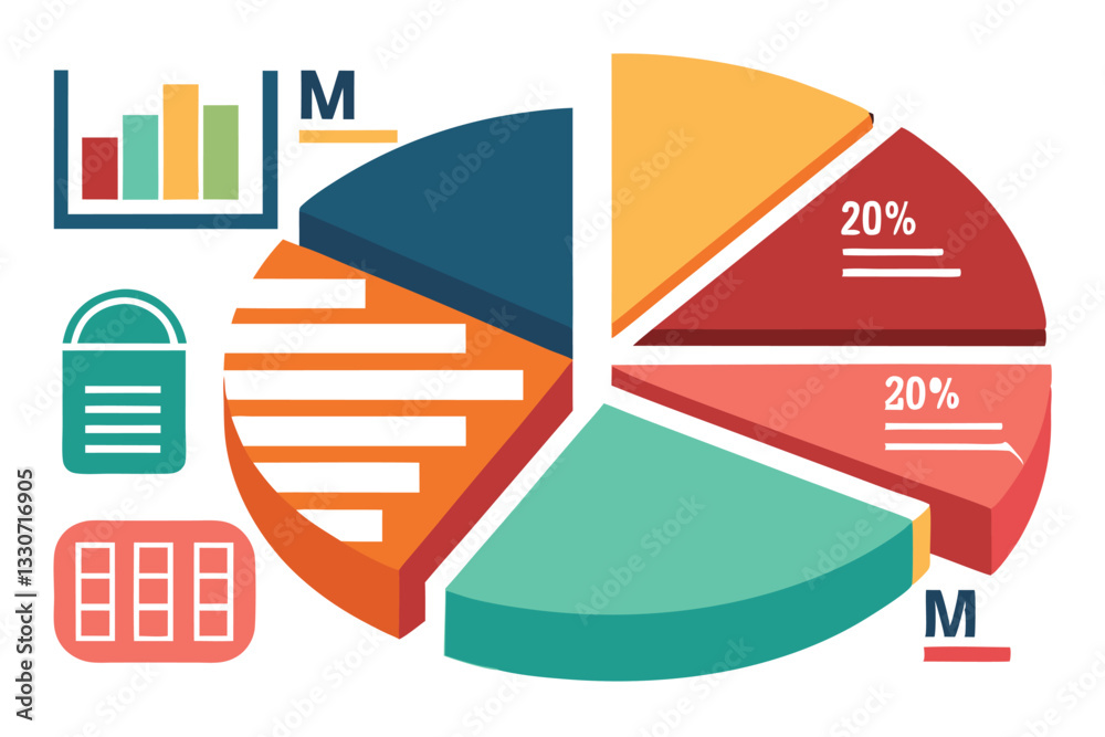 Aufkleber Detailed vector illustration of a pie chart with colorful sections and related icons representing data analysis concepts and statistics