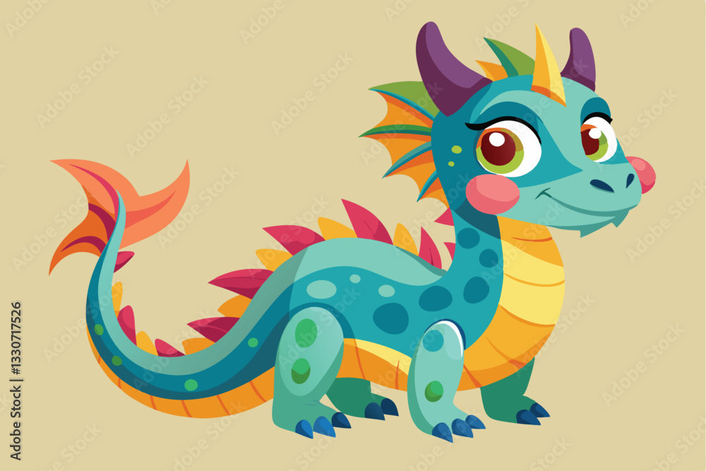 Poster colorful dragon character in a playful pose with bright scales in a whimsical style perfect for chil