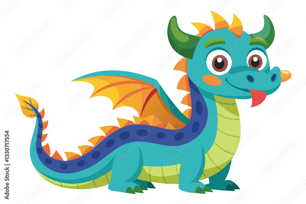 Poster colorful dragon character in a playful pose with bright scales in a whimsical style perfect for chil