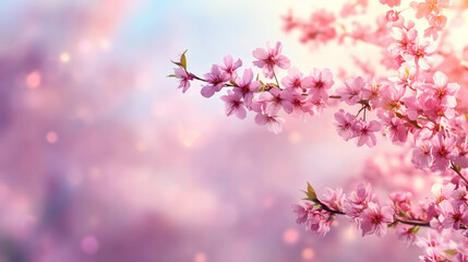 Obraz premium Delicate cherry blossoms flowering against pastel spring sky, soft pink petals unfurling