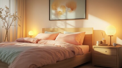 A cozy, modern bedroom with a light ash wood bed, accented with soft pastel bedding