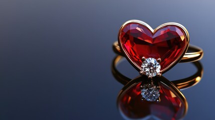 A heart-shaped jewelry box with a beautifully cut diamond ring inside, placed on a reflective surface