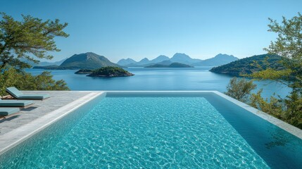 Fototapeta premium Luxury pool, island view, villa, turquoise water, serene escape, travel brochure