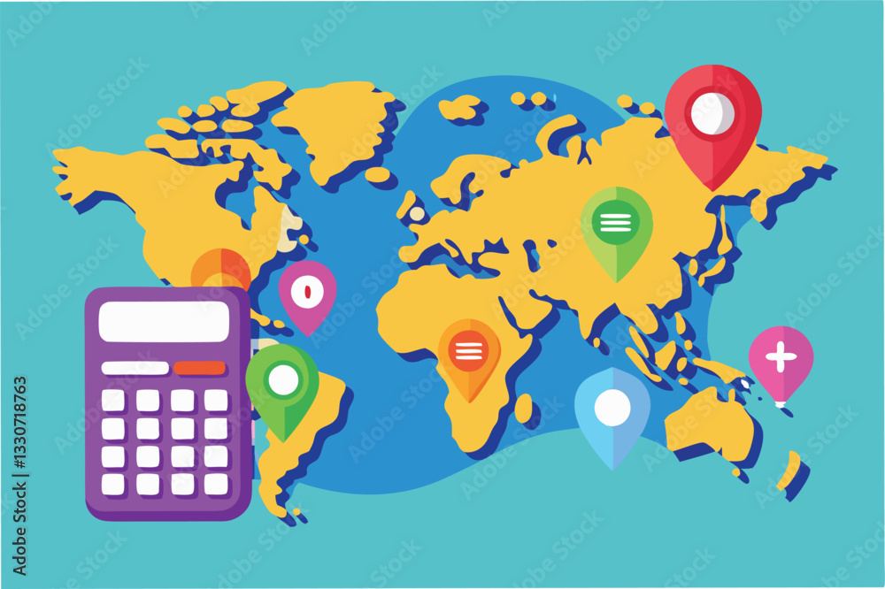 Poster Colorful vector illustration depicting a world map with location markers and a calculator representing global data analysis