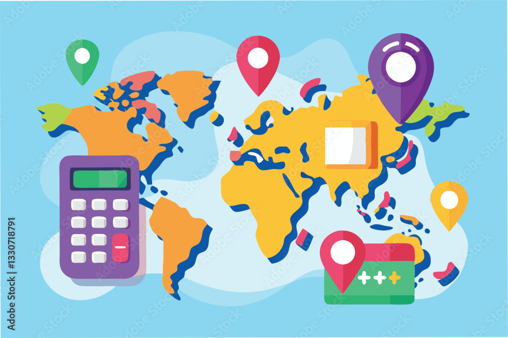 Fototapete colorful vector illustration depicting a world map with location markers and a calculator representi