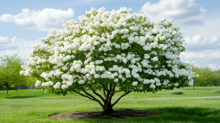 Fototapeta premium Flowering Chinese snowball viburnum covering parkland with abundant white blossoms, radiating springtime brightness and natural elegance