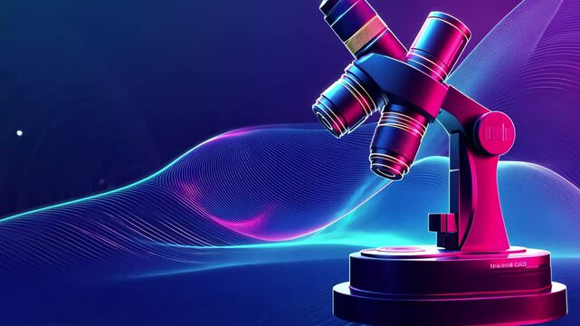 Microscope icon surrounded by vibrant neon lines on blue background creates an engaging scientific atmosphere, microscope icon and neon colourful lines on blue background