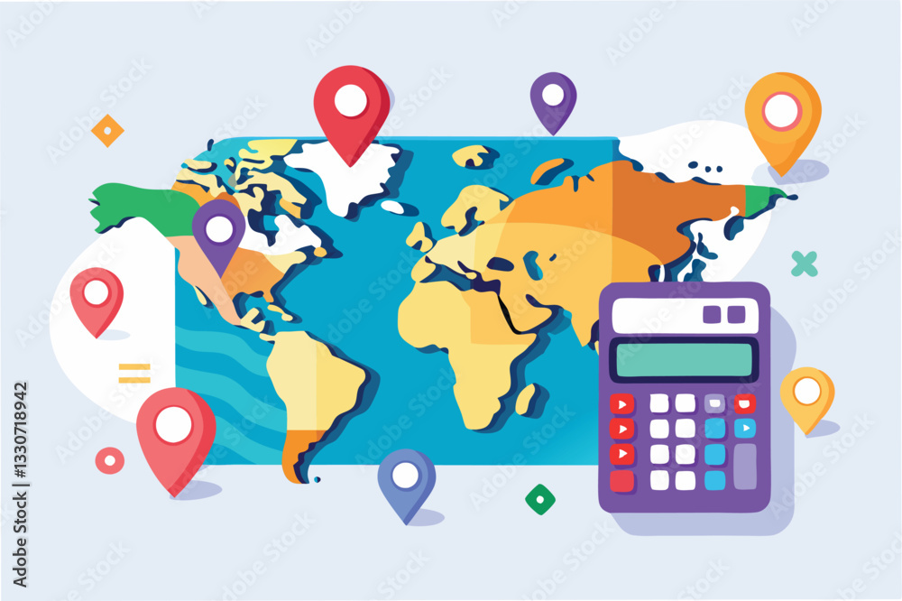 Fototapete Colorful vector illustration depicting a world map with location markers and a calculator representing global data analysis