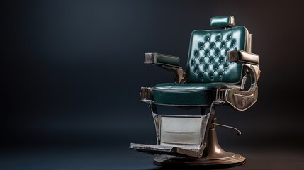 A high-end barber chair with a metallic frame and dark green leather upholstery against a dark background