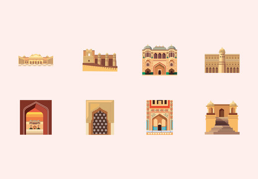 Colorful Amber Fort Palace Architecture Icons Set
