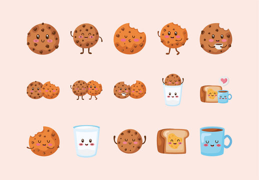 Brown Cookie Cute Kawaii Food Icons Set