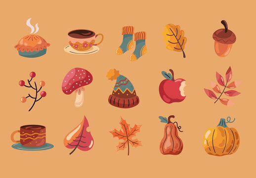 Colorful Autumn Cozy Seasonal Items Icons Set