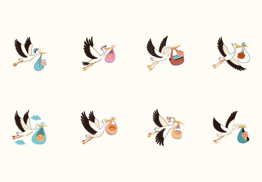 Colorful Baby Delivery Stork Carrying Newborn Icons Set