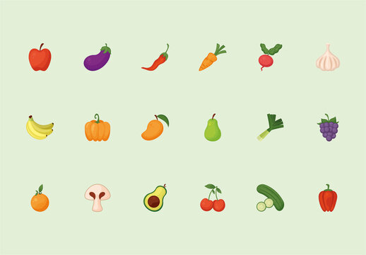 Colorful Healthy Fruits and Vegetables Food Illustration Set