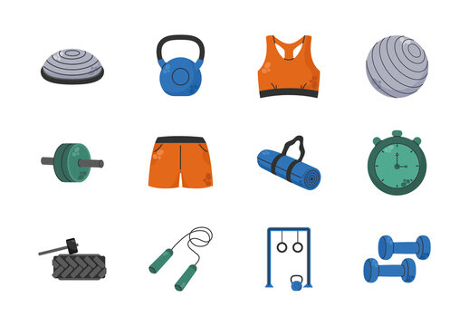 Colorful Gym Workout Equipment Fitness Elements Set