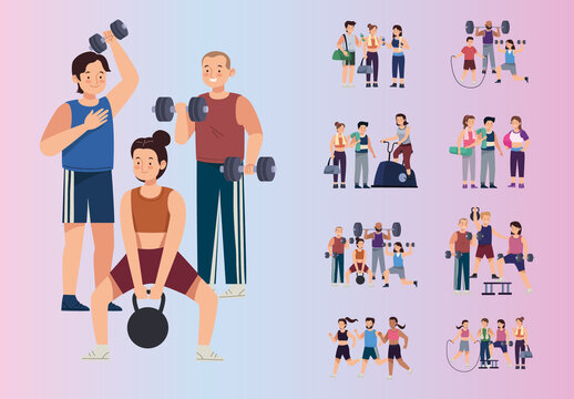 Colorful Group Training Workout Gym Illustration Set