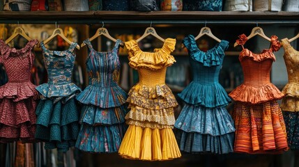 Colorful tiered dresses on display.